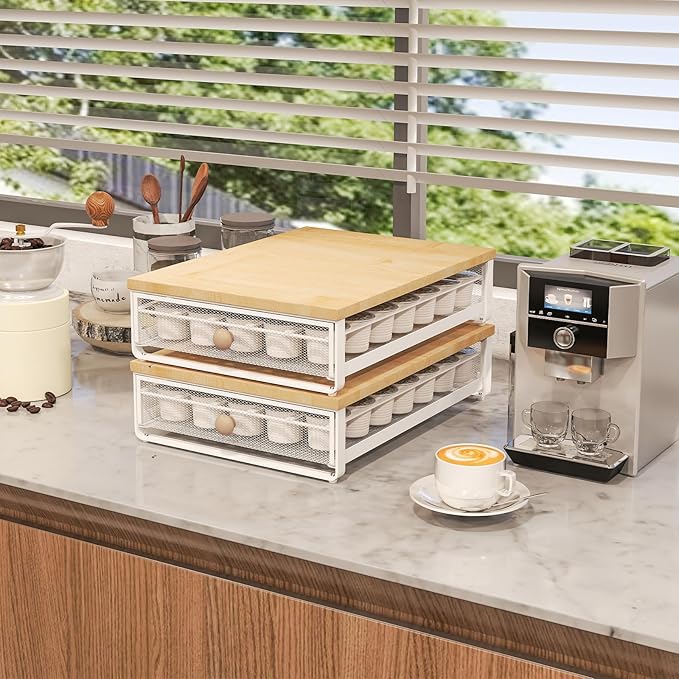 Sedegn Coffee Pod Holder Counter Coffee Vertuo Capsules Storage Organizer with Sliding Drawer Compatible For 35 K-Cup Pods No Assembly Needed Natural Colour