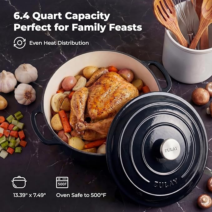 Zulay Kitchen 6 Quart Enameled Cast Iron Dutch Oven Pot with Lid – Premium Durability & Oven Safe up to 500°F – Heavy Duty Cookware Perfect for Bread Baking, Stews, Braising & Roasting - Black