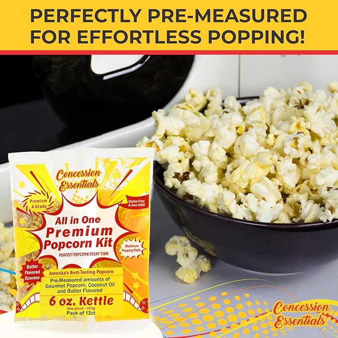 Concession Essentials 6oz Popcorn Portion Packs – Pre-Measured Kernels, Oil & Salt – Case of 12 Packs for Perfect Popcorn Every Time
