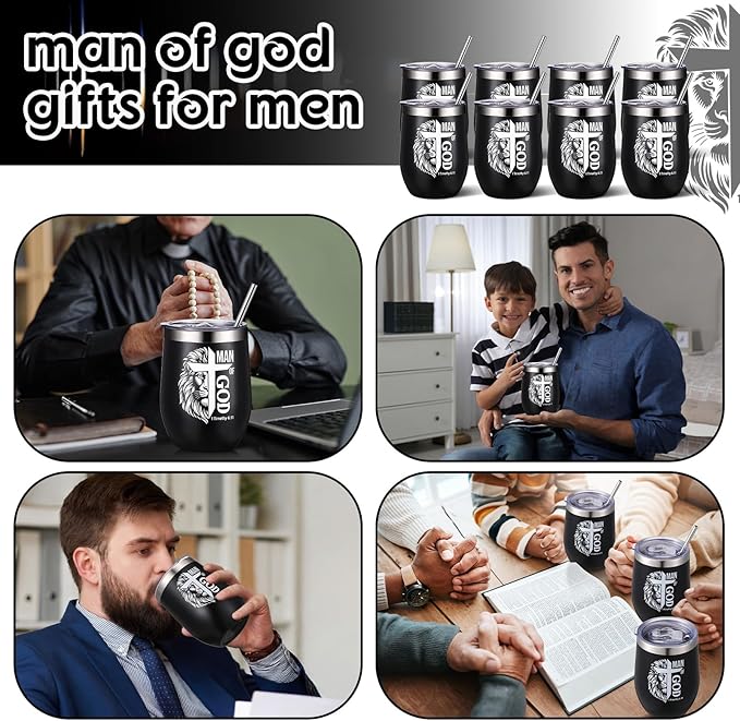 Sliner 8 Pcs Christian Gifts for Men Man of God Coffee Tumbler with Lid Catholic Gift for Men Bible Verse Gift for Pastor Father's Day God Bless Church Religious Cross Inspirational Gifts