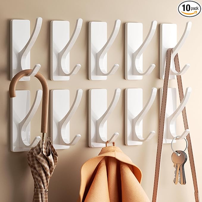 pickpiff White Self Adhesive Coat Hooks for Hanging: 13LB Extra Strong Stainless Wall Hook for Towel, Utensil, Backpack, Hat, Sturdy Metal Hanger for Bathroom, Kitchen, Door, 10 Pack