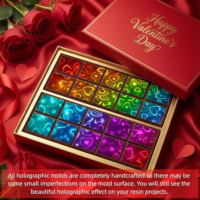 Ziliny Heart Holographic Chocolate Bar Mold Silicone, Rainbow Light Effect Chocolate Bar Deep Thick Molds for DIY Candy Dessert Baking, Candy, Wax Melts, Cake Decoration (Square)