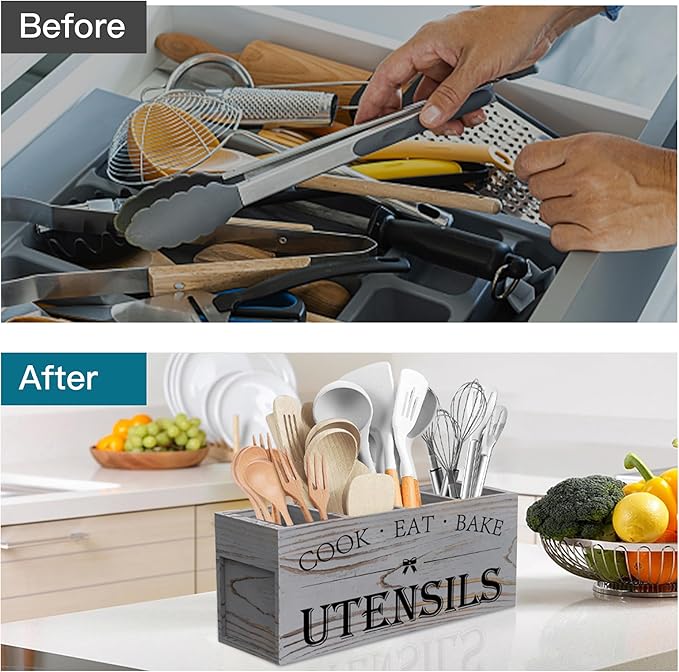 Suli Extra Large Kitchen Utensils Holder with 4 Compartments, Wooden Utensil Organizer for Kitchen Countertop, Farmhouse Decor, Rustic Cooking Utensil - Grey grain