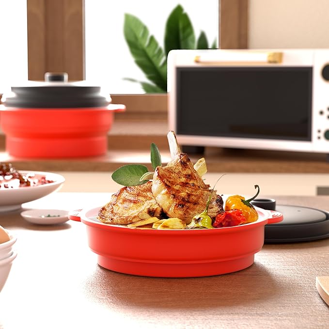 Microwave Steamer for Vegetables | Microwave Grill Pan & Steamer Bowl | Microwave Silicone Cookware | Microwave Popcorn Popper | Dishwasher Safe