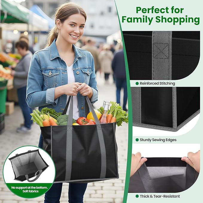SpaceWhisper Reusable Grocery Bags with Long Handles [3 Pack] - Multipurpose Shopping Bags for Groceries, Foldable Grocery Totes Resist Water & Stains for Kitchen, Car Trunk, Picnic (Black)
