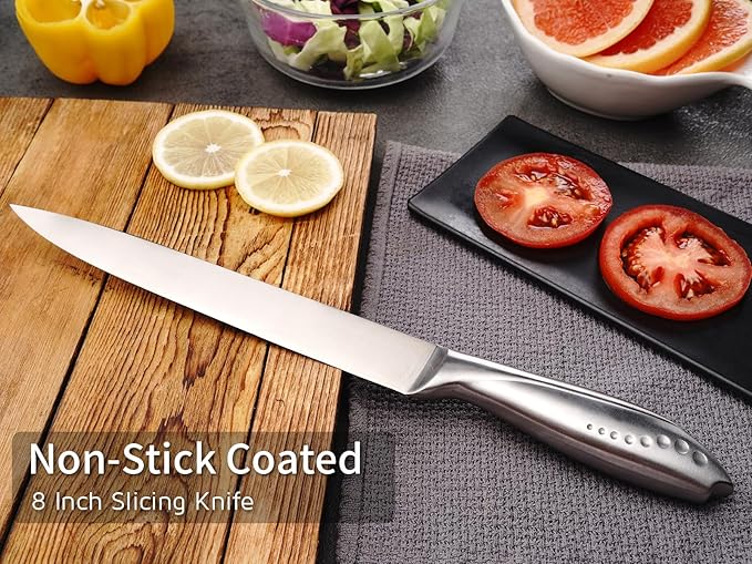 8 Inch Slicing Knife, German High Carbon Stainless-Steel Blade and Full Tang Handle, Super Sharp Slicer Knife for Carving Slicing Cutting of Meat Vegetables and Fruits-Silver