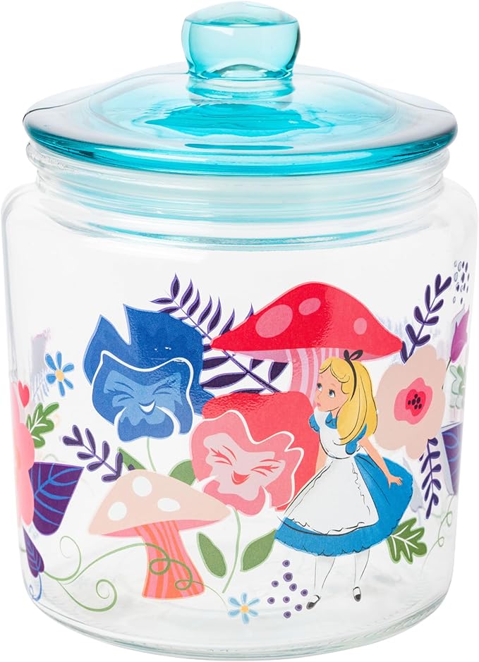 Silver Buffalo Disney Alice in Wonderland Flowers and Mushrooms Glass Cookie Snack Candy Jar with Lid (Small)