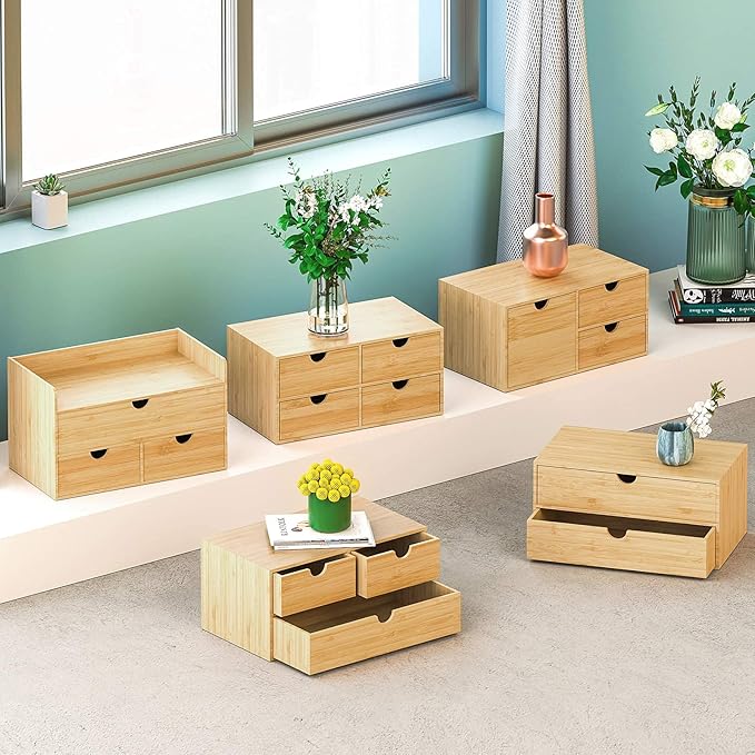 Wisuce Bamboo Desk Drawer Organizer, Desktop Organizer with Drawers Tabletop Storage Organization Box for Office Home Toiletries Supplies Vanity, No Assembly Required(4 Drawes)