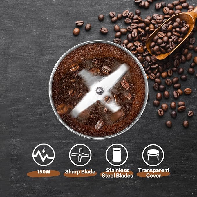 Coffee Grinder Electric & Spice Grinder, 150W Fast Grinding with Stainless Steel Blades | for Coffee Beans, Spices, Seeds, Herbs | Dry Food Mill | Mini Kitchen Grinder (Handheld)