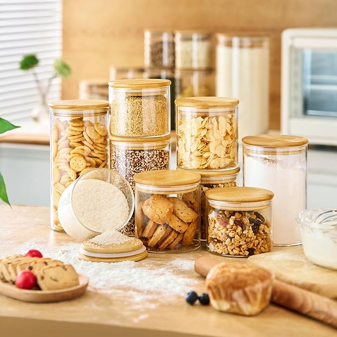 HomArtist Glass Jars with Bamboo Lids 17 FL OZ [Set of 12], Glass Canisters with Airtight Lids, Glass Food Storage Containers for Spice, Coffee, Sugar, Tea, Candies, Cookies,Best for Kitchen & Pantry