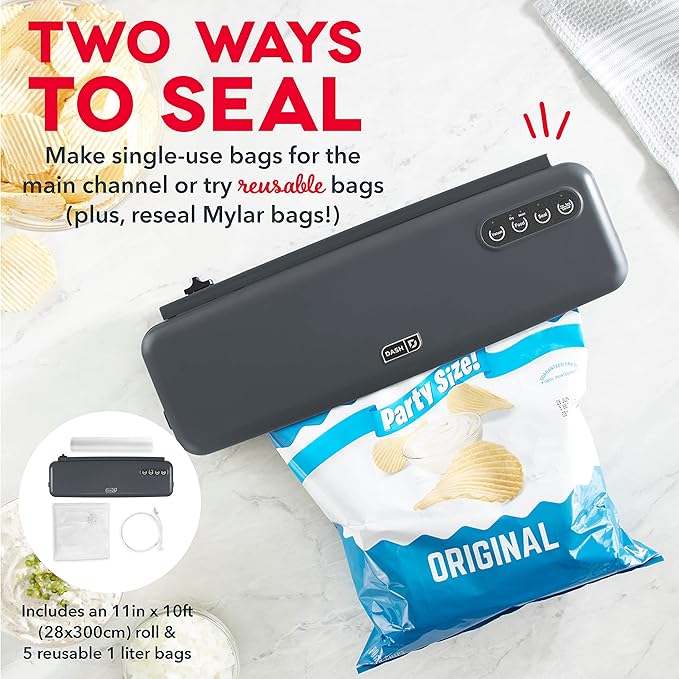 Dash SuperSeal Vacuum Sealer - Airtight Meal Packaging for Sous Vide & Safe Food Storage - Includes Single-Use & Reusable Bags - Gray