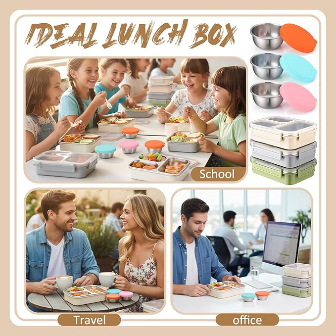 3 Pack Stainless Steel Lunch Boxes 25 oz 3 Compartment Metal Bento Box with 3 Pcs Condiment Containers and Leakproof Lids for Office Outdoor and Gym, Dishwasher Safe