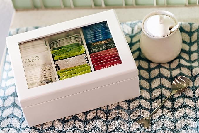 Break Tradition Wooden Tea Organizer For Tea Bags - Wooden Tea Chest With 6 Compartments - Clear Top Window - Lid Stays Open (White)