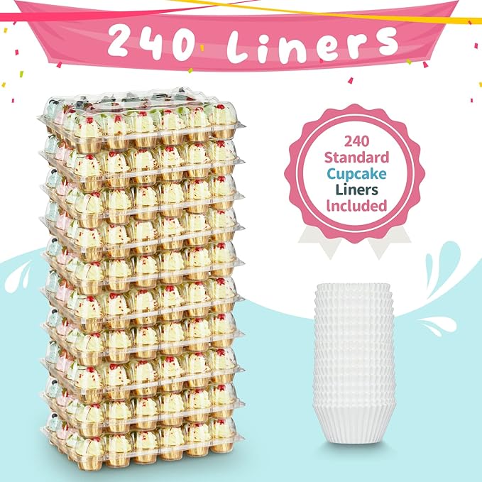 Gencywe (24 Pack x 10 Sets) Stackable Cupcake Carrier Holders with 240 Pack Cupcake Liners, Plastic Cupcake Boxes Holders for 24 Cupcakes, High Tall Dome Lid Cupcake Containers, Clear Cupcake Trays