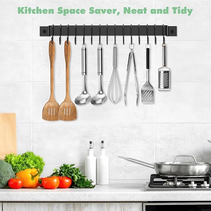 Housolution Kitchen Rail with 15 Hooks, 16 Inch Wall Mounted Hanging Utensil Rack Kitchen Utensil Hanger for Kitchen, 1 Pack, Black