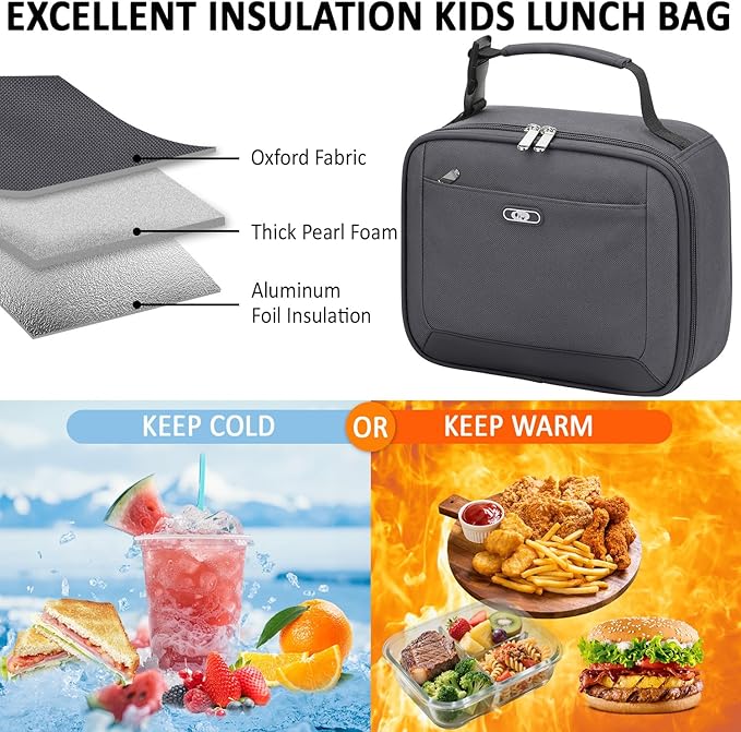 Lunch Box Kids Insulated Lunch Bag for Boys Girls Cute Reusable Lunch Tote Bag Waterproof Portable Thermal Lunch Box Kids for School Picnic Travel Grey