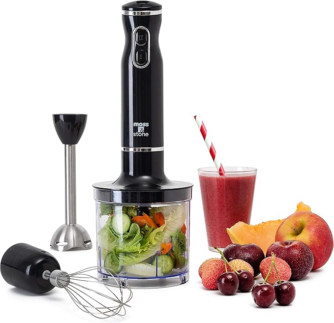 Moss & Stone Electric Hand Blender Set, 300W Immersion Hand Blender with Whisk and Chopper, Stainless Steel Shaft and Blades, 2-Speed Handheld Mixer with Ergonomic Grip, Black