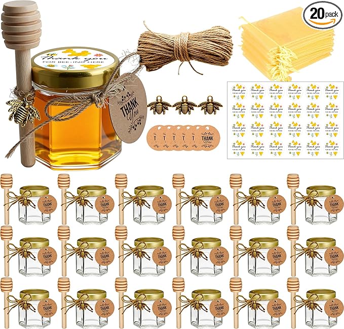 Adabocute 20 Pack Mini Honey Jars with Dipper - Mini Honey Jars for Baby Showers & Wedding Gifts - Gold Lids, Bee Pendants, Jutes and Gift Bags