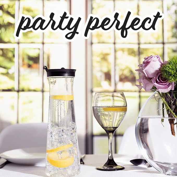 Clear Plastic Water Pitchers Carafes with Flip top Black Lids 34 OZ Heavy Duty Beverage Pitcher Jug for Juice or iced Coffee Great for Mimosa bar Restuarants ot Schools Pack of 4