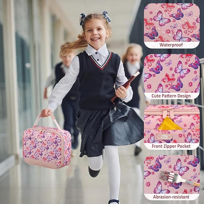Lunch Box Kids Insulated Lunch Bag for Boys Girls Cute Reusable Lunch Tote Bag Waterproof Portable Thermal Lunch Box Kids for School Picnic Travel Pink Butterfly