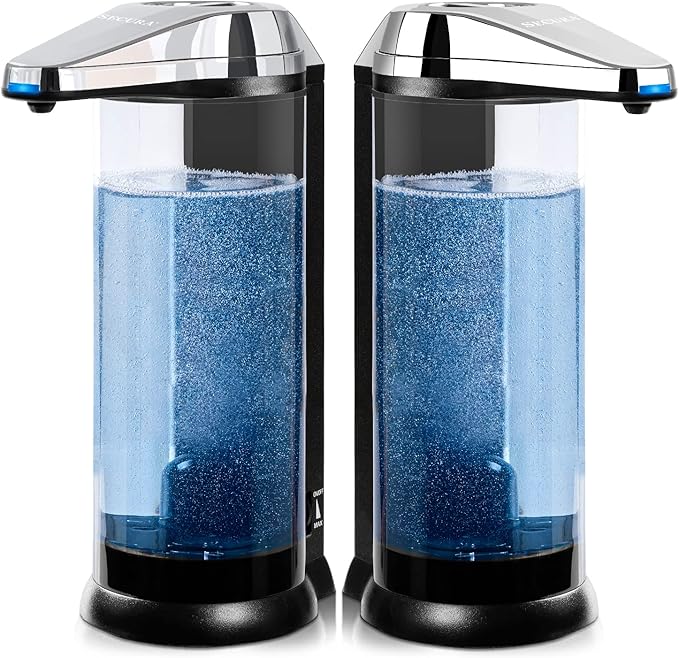 Secura 17oz Automatic Liquid Soap Dispenser, Touchless Battery Operated Hand Soap Dispenser with Adjustable Soap Dispensing Volume Control Dial, Personal Care Dispenser (Chrome-2Pcs)