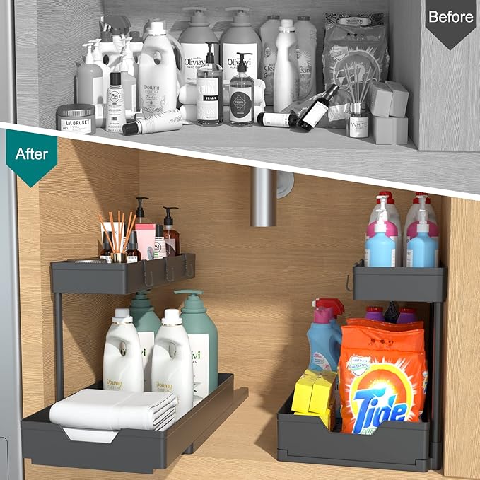 L shape Under Sink Organizers with 2 Pack of Black and 2 Pack of White，Sliding L-shape Cabinet Organizers Narrow Space Storage Multi-purpose Sink Organizer for Bathroom Kitchen Drawer