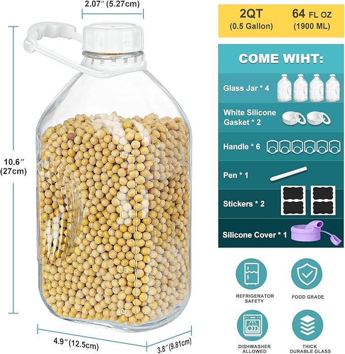 Ritayedet 4 Pack 64 Oz Heavy Duty Glass Milk Bottle with 1 Silicone Spout and 5 Reusable Airtight SCREW LID, 2 Qt Glass Water Bottle with 2 Exact Scale Lines - Milk/Juice Jug Pitcher
