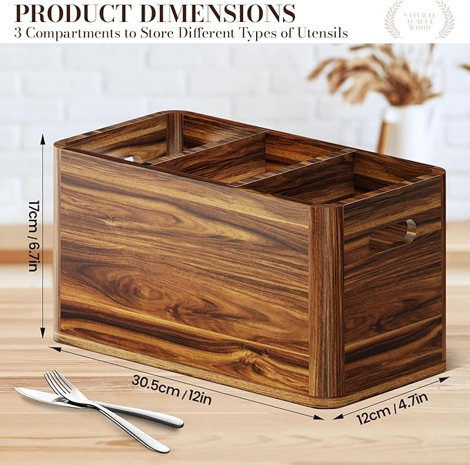 Yirilan Wooden Kitchen Utensil Holder for Counter, Acacia Wood Utensil Holder for Storage Cooking and Silverware with 3 Compartment, Rustic Wooden Organizer Container