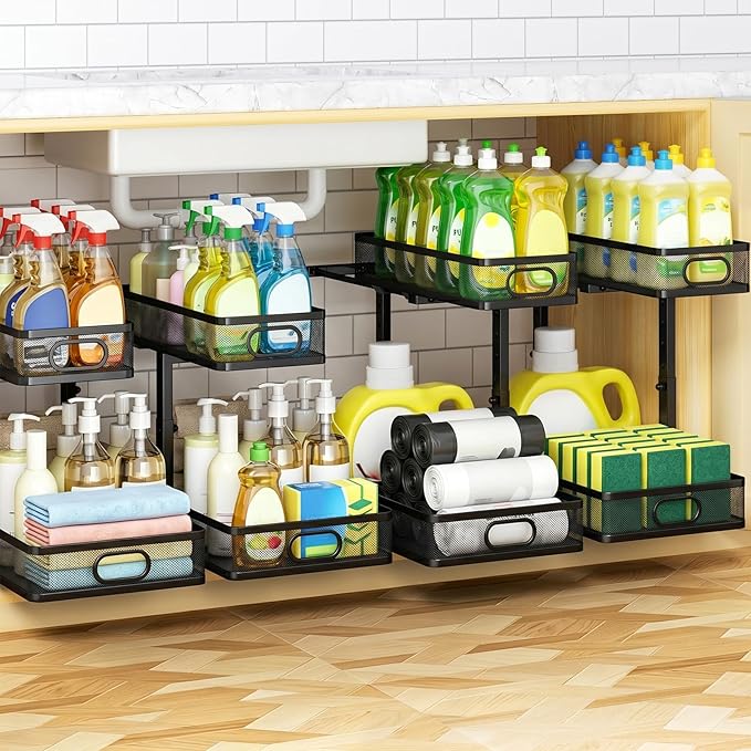 Under Sink Organizer 4-Pack, Metal 2-Tier Pull-Out Cabinet Shelf with Slide-Out Mesh Drawers, Height Adjustable, Space-Saving Storage Racks for Kitchen, Bathroom, Laundry Room