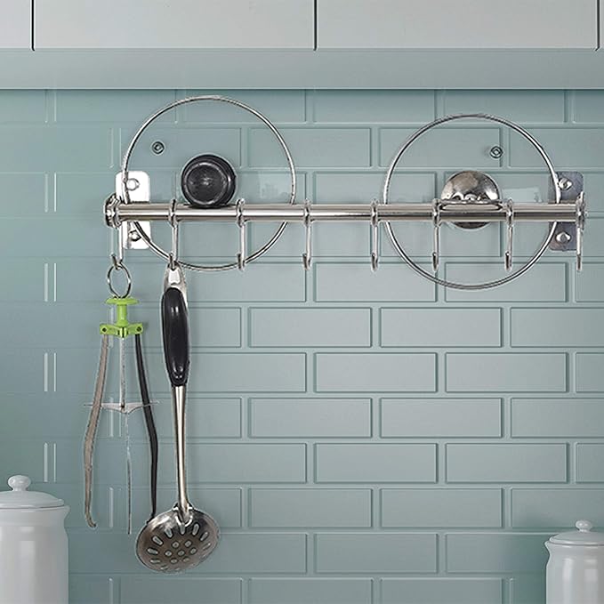 Dseap Kitchen Utensil Holder Hanger, Pot and Pan Rack Wall Mount, Kitchen Rail with 8 Hooks for Hanging Cooking Utensils, Mugs, Spoons, Wall Mounted, Stainless Steel, Chromed
