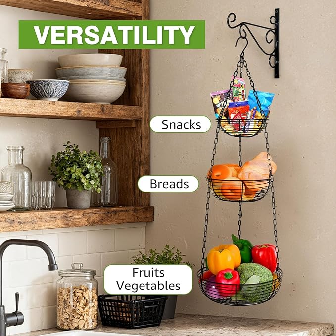 HULISEN 3 Tier Hanging Fruit Basket with Banana Hook, 36-Inch Heavy-Duty Wire Hanging Baskets for Kitchen Storage, Vegetable Produce Organizer (Including Installation Bracket)