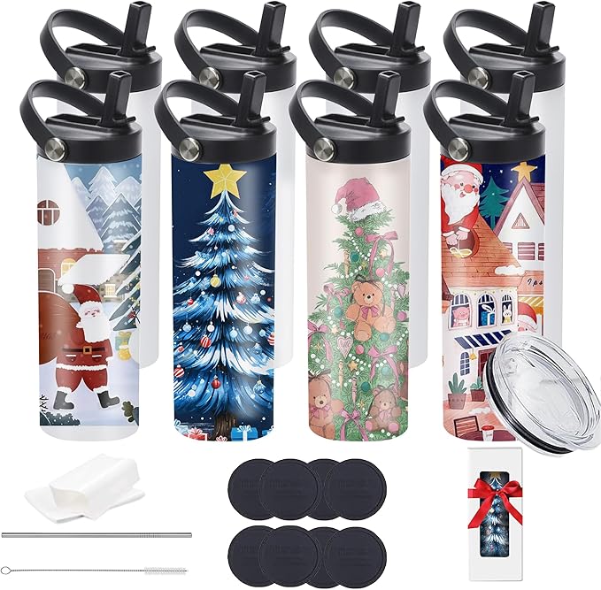 8 Pack 20oz Sublimation Tumblers, Flat Edge Sublimation Tumbler, Skinny Straight Sublimation Tumbler with 2 lids,SS straws,Brush and Individual Box (8, 20OZ HANDLE A)