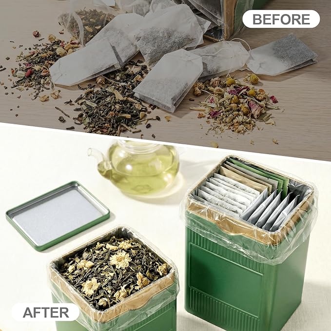 Tea Tin, Premium Tight Sealing Metal Canister with Press On Lid, Storage Tin for Loose Leaf, Tea Bags, Coffee Beans & Spices, Ideal for Kitchen Countertop & Pantry, Green Square Tinplate Can