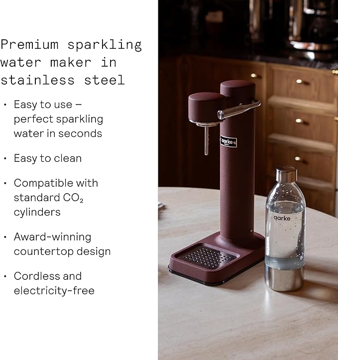 Aarke Carbonator lll, Sparkling & Carbonation Water Machine, Stainless Steel with PET BPA-Free Reusable Bottle Volume 1L/34 fl oz (Burgundy)