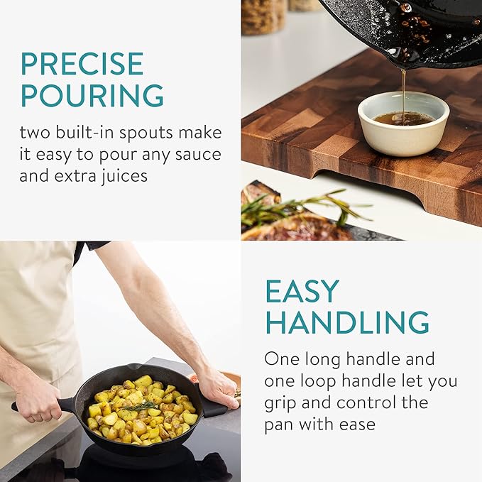 Navaris Cast Iron Skillet - 12"(30cm) Pre-Seasoned Frying Pan with Helper Handle & Silicone Holders, Pour Spouts, for Oven, Stovetop, Grill & Campfire, Heavy-Duty, Even-Heating