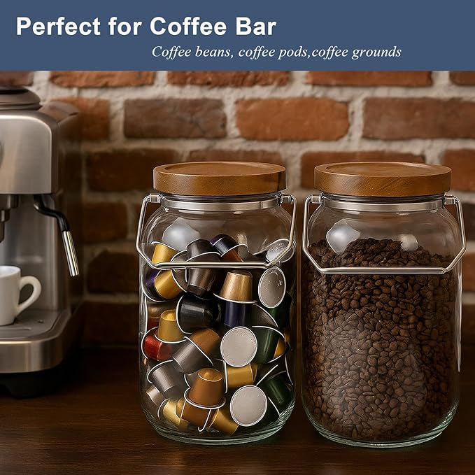 2 Pack Glass Flour Sugar Storage Containers with Handle, 1 Gallon Glass Jars with Airtight Lid, Wide Mouth Large Mason Jars 128oz for Rice, Pasta, Oats, Coffee Storage