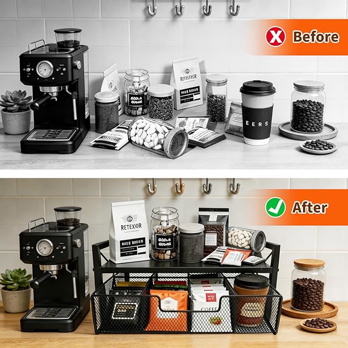 Tea Bag Organizer With Adjustable Drawer, Teabag Bar Holder Organizer For Counter, Wood ＆ Metal Station Storage Chest Display, Coffee Packet Containers Box For Countertop Kitchen Office Black