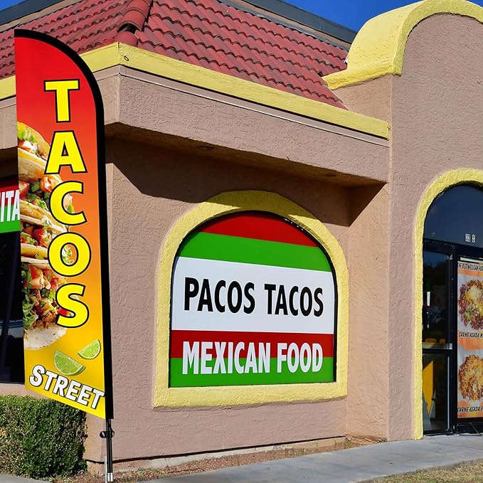 HunnmingRe Tacos Street Advertising Swooper Flag Banner 15ft Feather Flag with Pole and Ground Stake Advertising Feather Banner Sign for Restaurant Business Outside Ground