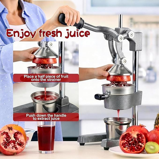 Cast Iron Juicer Hand Press - 13.8LB Heavy Duty Manual Citrus Orange Squeezer, 304 Stainless Steel Cup & Strainer, Professional Lemon Grapefruit Pomegranate Press for Home Bar Kitchen, Grey