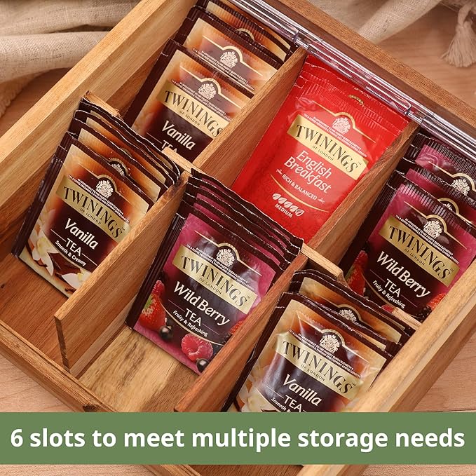 HTB Acacia Wood Tea Bag Organizer Storage, Gift Box 6 Compartments Tea Chest Box with Acrylic Transparent Hinged Lid