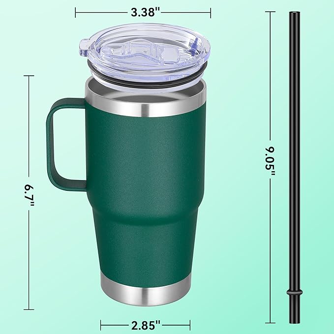 20 oz Stainless Steel Tumbler with Handle Bulk Metal Insulated Tumblers Travel Coffee Mug with Handle Double Wall Tumbler Cup with Lid and Straw, Dark Green 6 Pack
