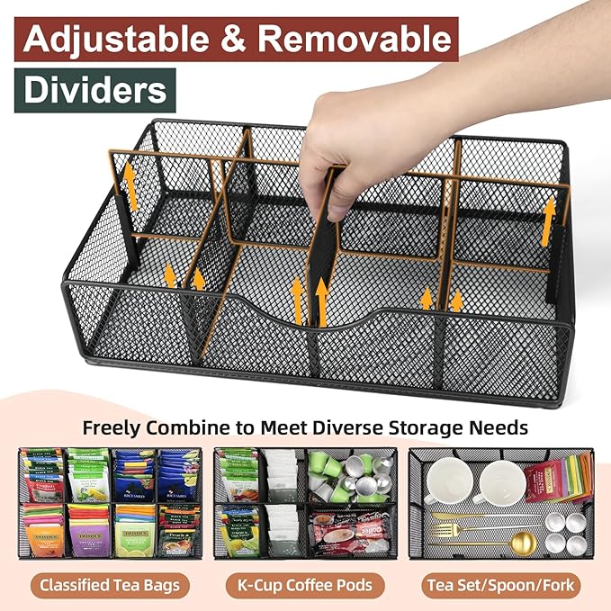 Tea Bag Organizer, Tea Bag Holder Organizer with 8-Compartment Adjustable Drawer, Wood & Metal Tea Box Organizer Chest for Countertop Kitchen, Office