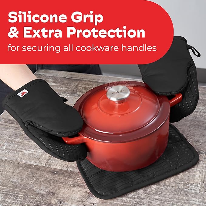 Big Red House - Silicone Mini Oven Mitts - Black Set of 2 - Heat Resistant to 536 F / 280 C Kitchen Gloves Professional Grade Pot Holders for Cooking Baking