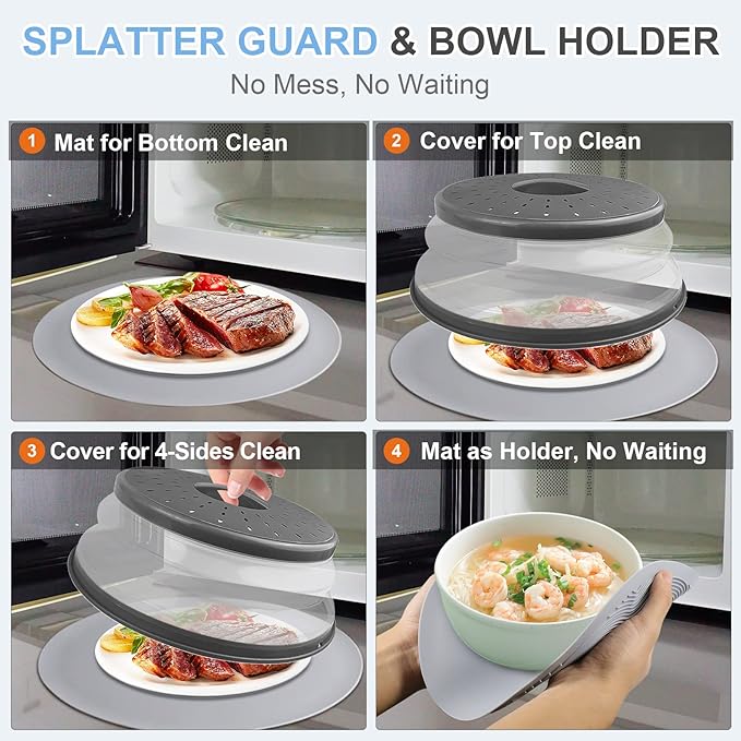 LekDrok Microwave Food Cover with Mat 12 Inch, Mat as Bowl Holder, Cover for Splatter Guard, Collapsible Lid for Plate Dish, Multi-Purpose Silicone Mat & Kitchen Colander Gadget for Meal Prep,Charcoal
