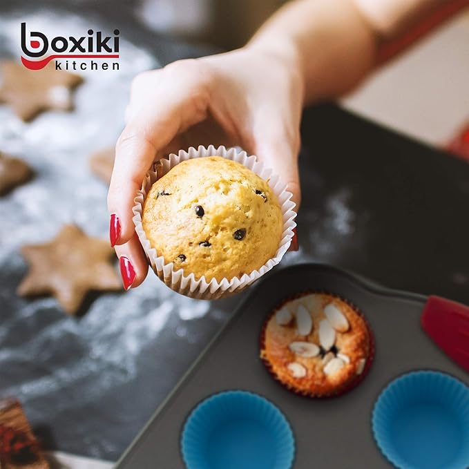 Boxiki Kitchen Baking Non-Stick Steel Jumbo 6 Cup Muffin Pan with Silicone Handles & Reusable Liners and 9x5 Inch Silicone Bread Loaf Pan - Ultimate Set for Muffins, Bread, Cakes, and More.