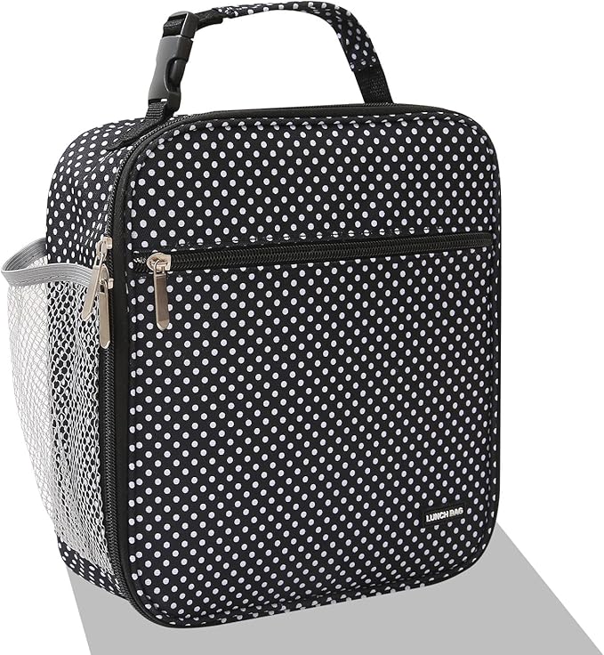 Lovoeo Lunch box Lunch bag for men women Insulated Lunchbox Lunch bags for Work Picnic Travel (Black polka dot)
