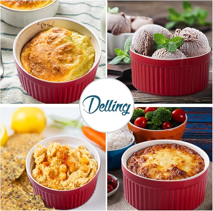DELLING 12 oz Ramekins Set of 6 - Porcelain Creme Brulee Oven Safe Souffle Dishes, Ceramic Custard Cups for Baking, French Onion Soup Bowls - Red Ramekin Dessert Bowls, Dishwasher Microwave Safe