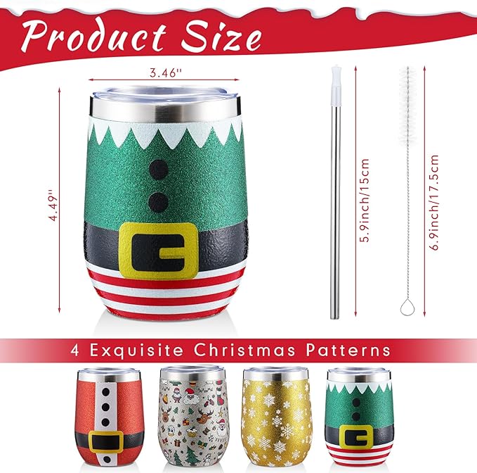 Sliner 4 Pack Pack Christmas Glitter Tumbler Bulk, 12 oz Holiday Wine Tumbler Set Stainless Steel Insulated Sparkling Glitter Cup with Lids Straws and Brushes Travel Mug Xmas Gift (Classic Style)