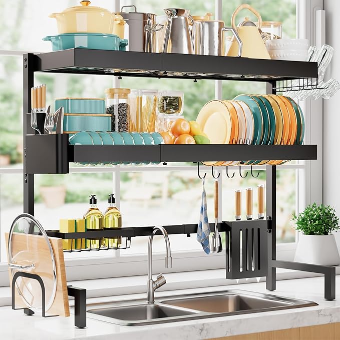 Sakugi Over The Sink Dish Drying Rack, Expandable 3-Tier Stainless Steel Kitchen Storage Organization Accessories for Countertop, Rustproof & Space-Saving, 31.5"–39.5" L x 12" W x 33" H, Black