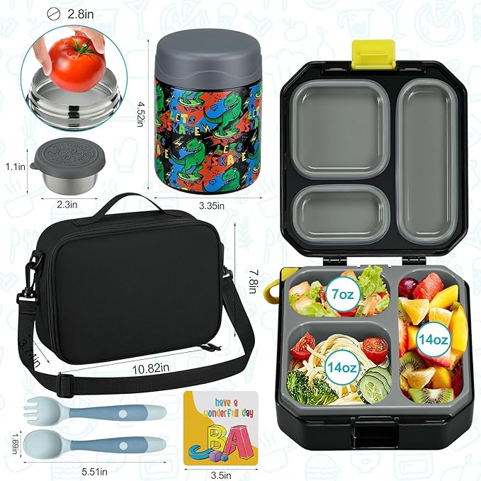 wiwens Bento Lunch Box for Kids with 12oz Soup Thermo Leak-Proof Lunch Food Container with 5 Compartment Thermo Hot Food Jar and Insulated Lunch Bag for Kid Toddler Girls Boys to School